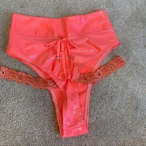 Exotic Peach swimwear coral metallic high-rise lace cut out bikini bottoms Sz S